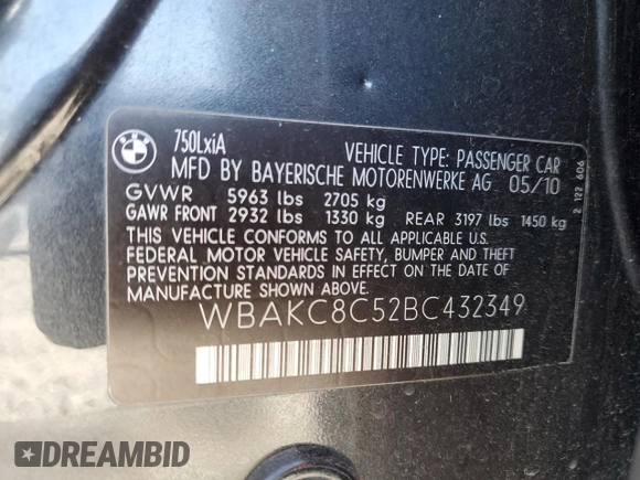 2011 BMW 7 Series 750Li xDrive with VIN WBAKC8C52BC432349, listed as a Copart auction lot 56072525 with 133,073 mi miles and Salvage title. Bid and sale history available at DreamBid. Image 12.