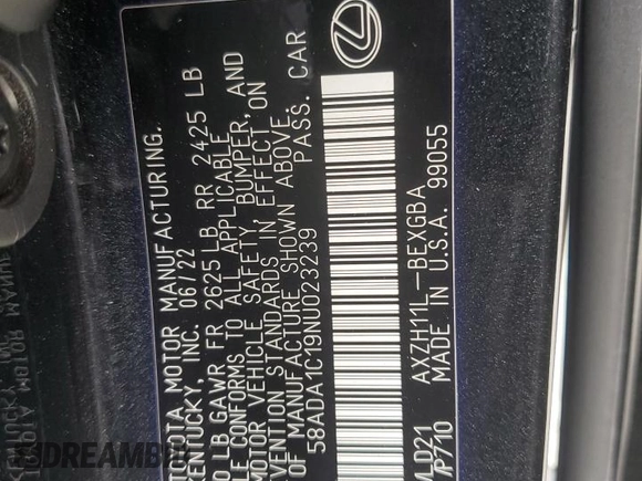 2022 Lexus ES 300h with VIN 58ADA1C19NU023239, listed as a Copart auction lot 54429015 with 92,003 mi miles and Salvage title. Bid and sale history available at DreamBid. Image 13.