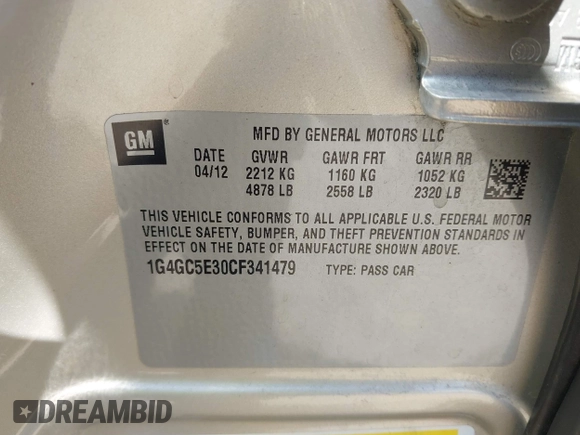 2012 Buick LaCrosse Leather с VIN 1G4GC5E30CF341479, выставлен на аукционе IAAI как лот 42683063 с пробегом 85 611 миль миль и . История ставок и продаж доступна на DreamBid. Изображение 9.