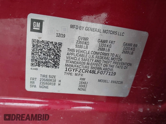 2020 Cadillac XT4 FWD Premium Luxury with VIN 1GYFZCR48LF077119, listed as a IAAI auction lot 40893918 with Not provided miles and . Bid and sale history available at DreamBid. Image 9.