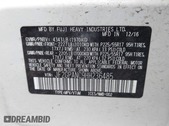 2017 Subaru Crosstrek Limited with VIN JF2GPANC9HH236485, listed as a IAAI auction lot 42603928 with 61,138 mi miles and . Bid and sale history available at DreamBid. Image 9.