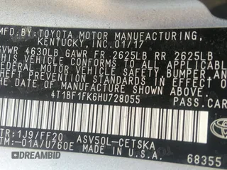 2017 Toyota Camry XLE with VIN 4T1BF1FK6HU728055, listed as a IAAI auction lot 42201343 with 87,017 mi miles and . Bid and sale history available at DreamBid. Image 9.