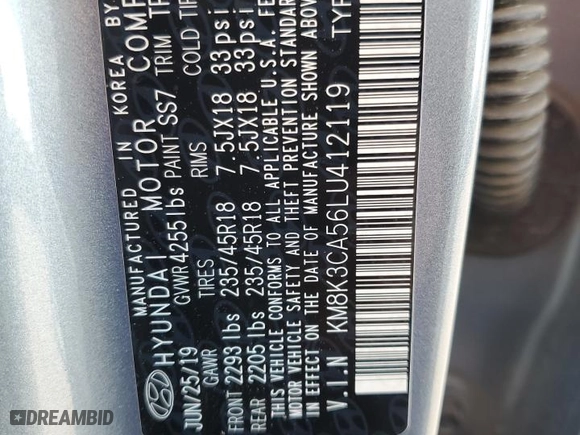 2020 Hyundai Kona Limited with VIN KM8K3CA56LU412119, listed as a Copart auction lot 52024435 with 55,128 mi miles and Salvage Title. Bid and sale history available at carsss.com. Image 16.