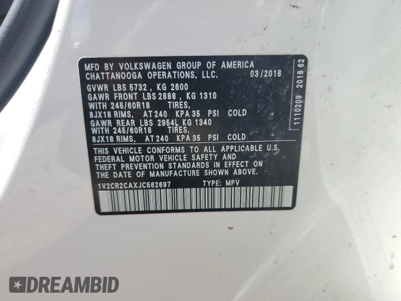 2018 Volkswagen Atlas SE with VIN 1V2CR2CAXJC562697, listed as a Copart auction lot 49345055 with 106,026 mi miles and Clean title. Bid and sale history available at DreamBid. Image 15.