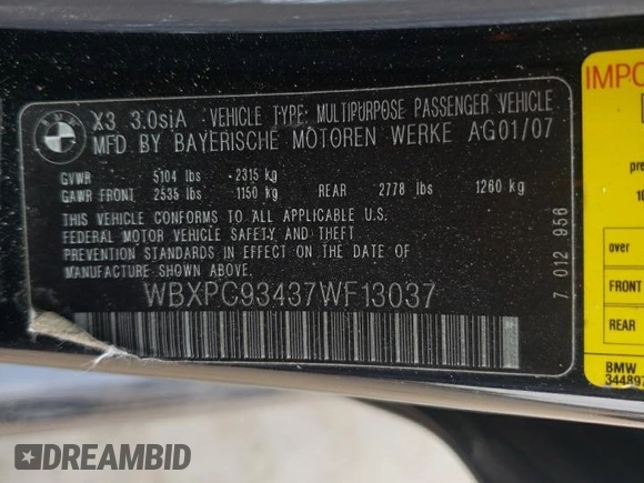 2007 BMW X3 3.0si with VIN WBXPC93437WF13037, listed as a Copart auction lot 59544955 with 120,751 mi miles and Salvage title. Bid and sale history available at DreamBid. Image 13.