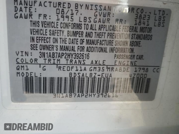 2017 Nissan Sentra S with VIN 3N1AB7AP2HY392616, listed as a Copart auction lot 52530035 with 53,089 mi miles and Salvage Title. Bid and sale history available at carsss.com. Image 14.