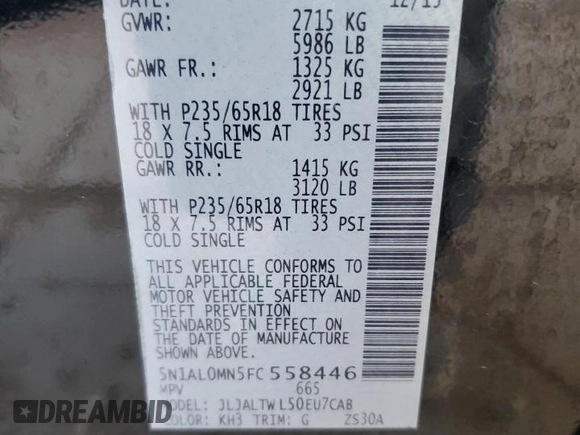 2015 Infiniti QX60 with VIN 5N1AL0MN5FC558446, listed as a Copart auction lot 49477955 with 124,587 mi miles and Salvage Title. Bid and sale history available at DreamBid. Image 13.