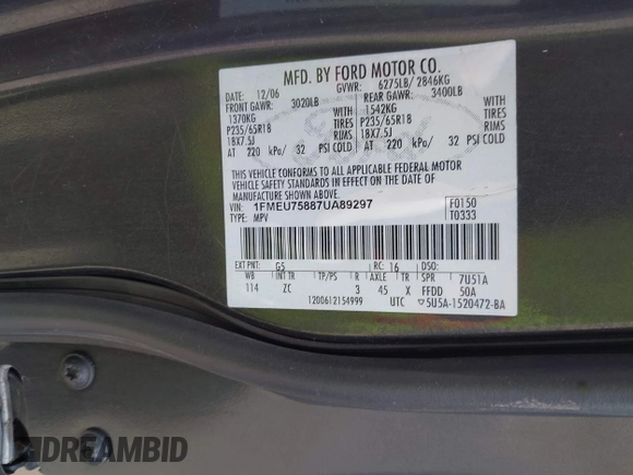 2007 Ford Explorer Limited с VIN 1FMEU75887UA89297, выставлен на аукционе IAAI как лот 42653837 с пробегом 156 768 миль миль и . История ставок и продаж доступна на DreamBid. Изображение 9.