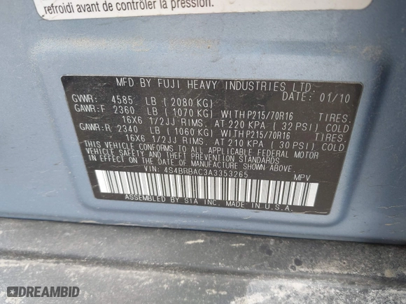 2010 Subaru Outback with VIN 4S4BRBAC3A3353265, listed as a IAAI auction lot 41802882 with 98,225 mi miles. Bid and sale history available at carsss.com. Image 9.