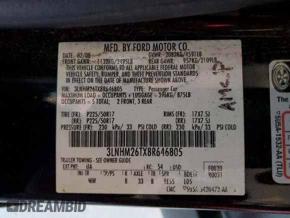 2008 Lincoln MKZ z VIN 3LNHM26TX8R646805, wystawiony jako Copart lot #57482325 z przebiegiem 124 200 mil mil oraz Szkoda całkowita • Salvage title. Historia ofert i sprzedaży dostępna na DreamBid. Obrazek 12.