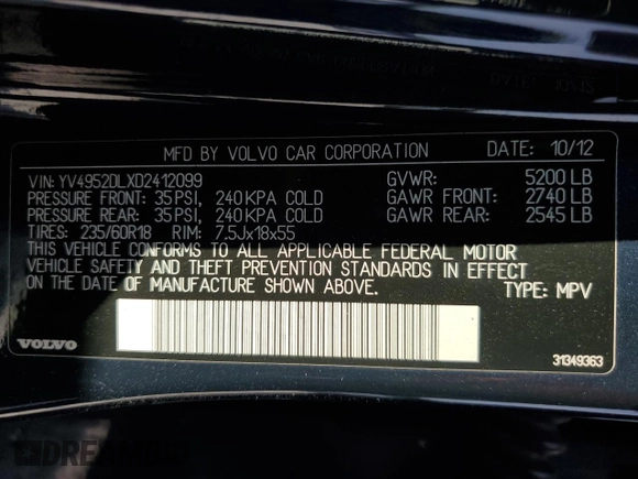2013 Volvo XC60 3.2L с VIN YV4952DLXD2412099, выставлен на аукционе Copart как лот 54785685 с пробегом 133 231 миль миль и Списание • Salvage title. История ставок и продаж доступна на DreamBid. Изображение 14.
