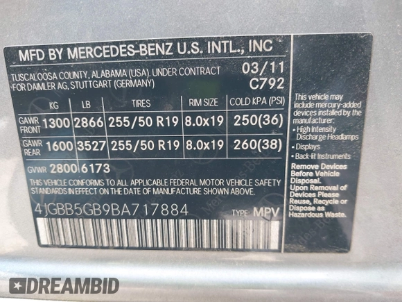 2011 Mercedes-Benz M 350 with VIN 4JGBB5GB9BA717884, listed as a IAAI auction lot 42152521 with 176,772 mi miles and . Bid and sale history available at DreamBid. Image 9.