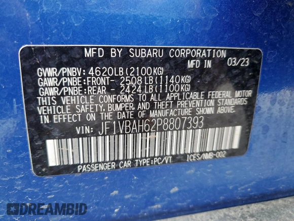 2023 Subaru WRX Premium with VIN JF1VBAH62P8807393, listed as a Copart auction lot 58950245 with 20,639 mi miles and Salvage title. Bid and sale history available at DreamBid. Image 13.