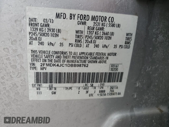 2013 Ford Edge SEL z VIN 2FMDK4JC1DBB98762, wystawiony jako Copart lot #58248265 z przebiegiem 160 418 mil mil oraz Czysty tytuł • Clean title. Historia ofert i sprzedaży dostępna na DreamBid. Obrazek 12.