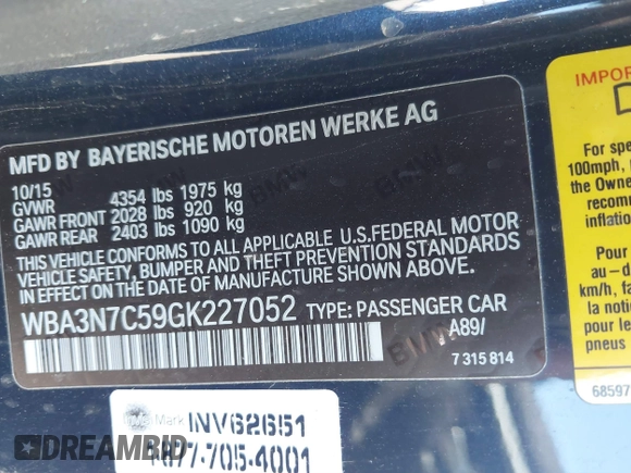 2016 BMW 4 Series 428i with VIN WBA3N7C59GK227052, listed as a IAAI auction lot 41643344 with 69,503 mi miles and . Bid and sale history available at carsss.com. Image 9.