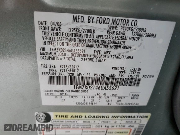2006 Ford Freestyle SEL с VIN 1FMZK02146GA55621, выставлен на аукционе Copart как лот 57846185 с пробегом 181 130 миль миль и Списание • Salvage title. История ставок и продаж доступна на DreamBid. Изображение 13.