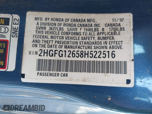 2008 Honda Civic Cpe LX with VIN 2HGFG12658H522516, listed as a IAAI auction lot 41447434 with 151,531 mi miles. Bid and sale history available at carsss.com. Image 9.