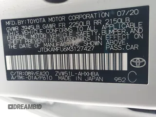 2021 Toyota Prius L Eco with VIN JTDKAMFU6M3127427, listed as a Copart auction lot 51843995 with 42,278 mi miles and Salvage Title. Bid and sale history available at carsss.com. Image 13.