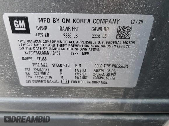 2021 Chevrolet TrailBlazer LT with VIN KL79MRSL0MB118452, listed as a Copart auction lot 53802255 with 41,952 mi miles and Salvage Title. Bid and sale history available at DreamBid. Image 13.