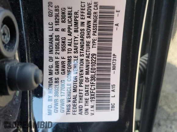 2020 Honda Civic Sedan EX with VIN 19XFC1F38LE010229, listed as a Copart auction lot 52002275 with 62,773 mi miles and Salvage Title. Bid and sale history available at carsss.com. Image 13.
