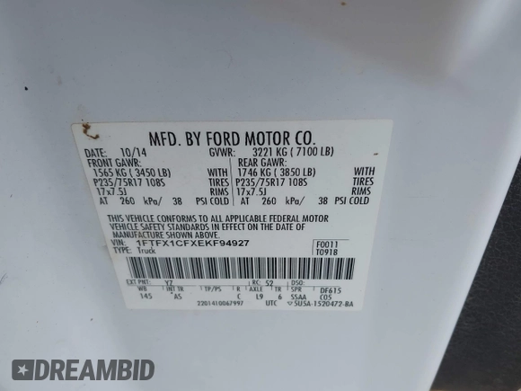2014 Ford F-150 XL with VIN 1FTFX1CFXEKF94927, listed as a IAAI auction lot 42441473 with 127,857 mi miles and . Bid and sale history available at DreamBid. Image 9.