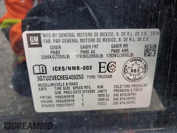 2014 GMC Sierra 1500 SLT z VIN 3GTU2VEC8EG409250, wystawiony jako Copart lot #55815785 z przebiegiem 221 395 mil mil oraz Czysty tytuł • Clean title. Historia ofert i sprzedaży dostępna na DreamBid. Obrazek 12.