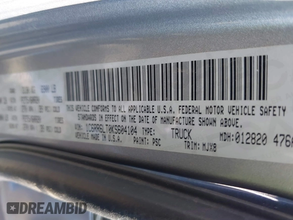 2019 Ram 1500 Classic Lone Star with VIN 1C6RR6LT0KS604104, listed as a IAAI auction lot 41607474 with 149,203 mi miles. Bid and sale history available at carsss.com. Image 9.
