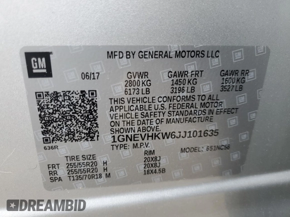 2018 Chevrolet Traverse LT z VIN 1GNEVHKW6JJ101635, wystawiony jako Copart lot #50765775 z przebiegiem 84 280 mil mil oraz Szkoda całkowita • Salvage title. Historia ofert i sprzedaży dostępna na DreamBid. Obrazek 15.