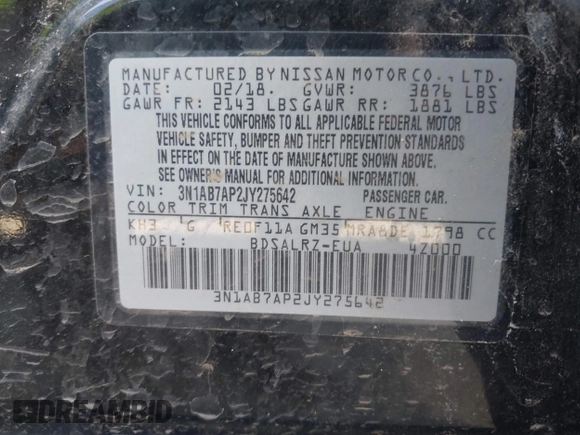 2018 Nissan Sentra S with VIN 3N1AB7AP2JY275642, listed as a IAAI auction lot 41684218 with 128,852 mi miles and . Bid and sale history available at DreamBid. Image 9.