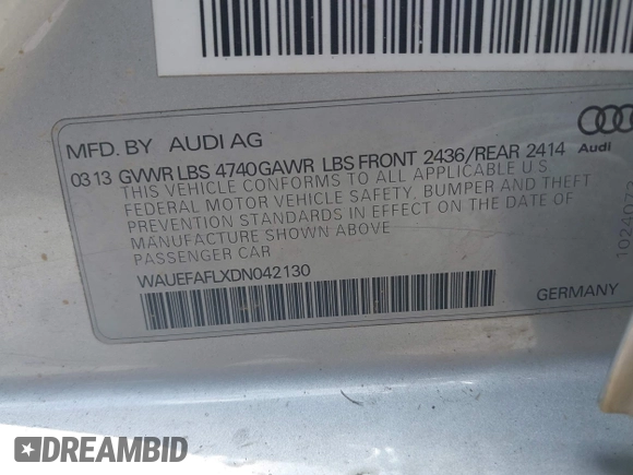 2013 Audi A4 Premium Plus с VIN WAUEFAFLXDN042130, выставлен на аукционе IAAI как лот 42391316 с пробегом 110 513 миль миль и . История ставок и продаж доступна на DreamBid. Изображение 9.