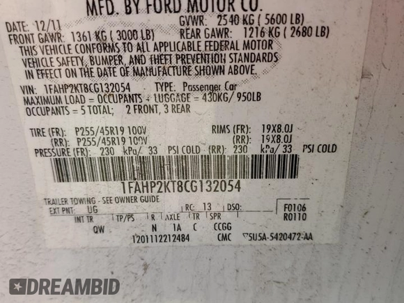 2012 Ford Taurus SHO with VIN 1FAHP2KT8CG132054, listed as a Copart auction lot 51629275 with 48,704 mi miles and Non repairable. Bid and sale history available at DreamBid. Image 12.