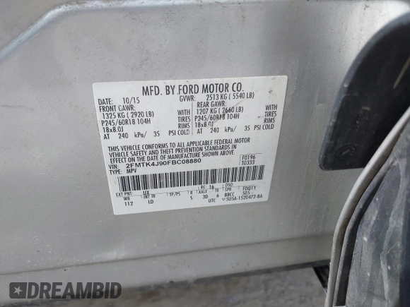 2015 Ford Edge SEL with VIN 2FMTK4J90FBC08880, listed as a IAAI auction lot 41821745 with 171,544 mi miles. Bid and sale history available at carsss.com. Image 9.