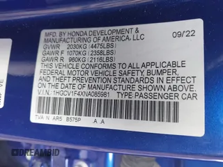 2022 Honda Accord Sedan Sport SE with VIN 1HGCV1F4XNA085981, listed as a IAAI auction lot 41907845 with 17,369 mi miles. Bid and sale history available at carsss.com. Image 9.