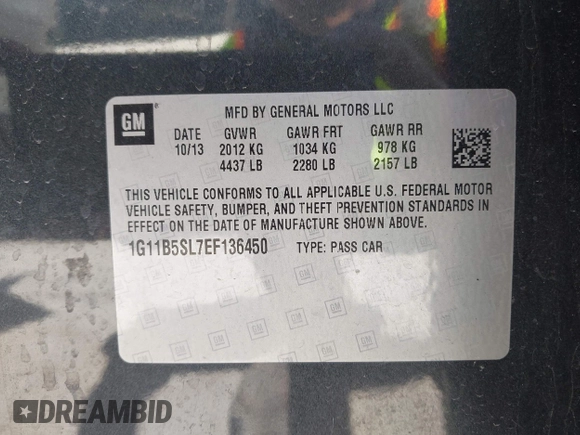 2014 Chevrolet Malibu LS with VIN 1G11B5SL7EF136450, listed as a IAAI auction lot 42131629 with Not Provided miles and . Bid and sale history available at DreamBid. Image 9.