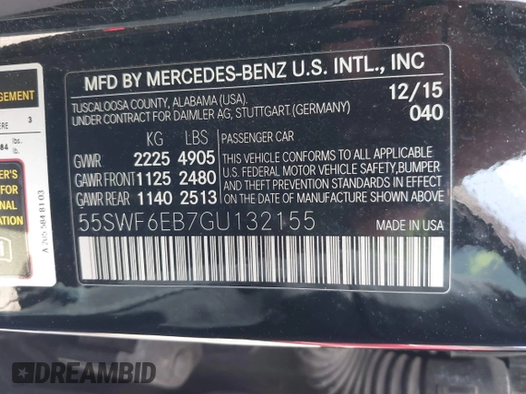 2016 Mercedes-Benz C 450 AMG with VIN 55SWF6EB7GU132155, listed as a IAAI auction lot 41810134 with 108,797 mi miles and . Bid and sale history available at carsss.com. Image 9.