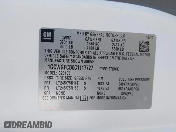 2012 Chevrolet Express Cargo Van with VIN 1GCWGFCB0C1117727, listed as a IAAI auction lot 42105038 with 204,472 mi miles. Bid and sale history available at carsss.com. Image 9.