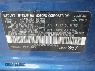 2018 Mitsubishi Outlander SE with VIN JA4AR3AW6JU000961, listed as a IAAI auction lot 42720633 with 124,554 mi miles and . Bid and sale history available at DreamBid. Image 9.