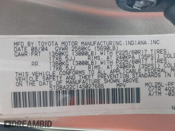 2004 Toyota Sienna XLE with VIN 5TDBA22C14S027686, listed as a IAAI auction lot 41580464 with 376,834 mi miles and . Bid and sale history available at DreamBid. Image 9.