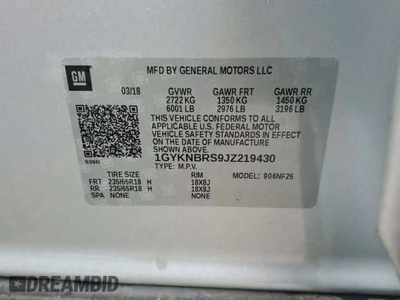 2018 Cadillac XT5 AWD with VIN 1GYKNBRS9JZ219430, listed as a Copart auction lot 48194775 with 59,017 mi miles and Salvage title. Bid and sale history available at DreamBid. Image 14.