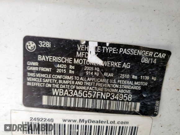 2015 BMW 3 Series 328i with VIN WBA3A5G57FNP34958, listed as a Copart auction lot 58589225 with 136,422 mi miles and Salvage title. Bid and sale history available at DreamBid. Image 12.