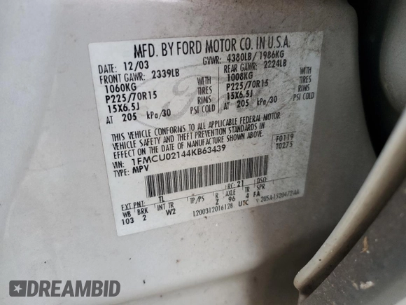 2004 Ford Escape with VIN 1FMCU02144KB63439, listed as a Copart auction lot 85310514 with 275,625 mi miles and Salvage title. Bid and sale history available at DreamBid. Image 13.