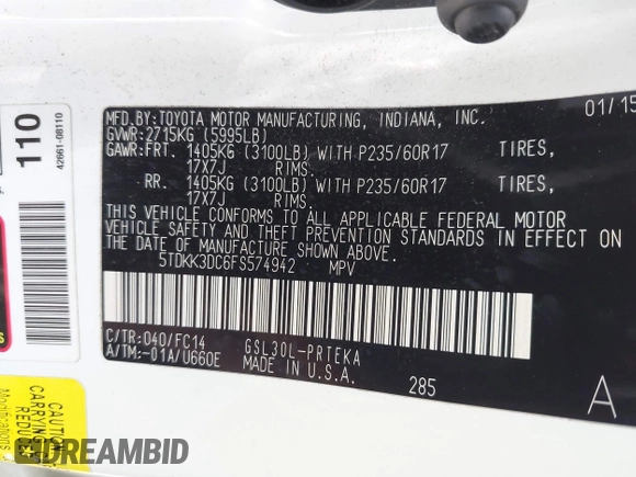 2015 Toyota Sienna LE AAS с VIN 5TDKK3DC6FS574942, выставлен на аукционе IAAI как лот 42336507 с пробегом 58 323 миль миль и . История ставок и продаж доступна на DreamBid. Изображение 9.