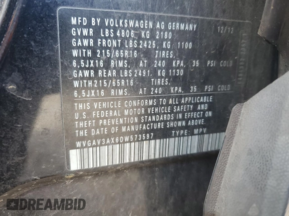 2013 Volkswagen Tiguan S z VIN WVGAV3AX6DW573597, wystawiony jako Copart lot #46115465 z przebiegiem 181 666 mil mil oraz Szkoda całkowita • Salvage title. Historia ofert i sprzedaży dostępna na DreamBid. Obrazek 13.