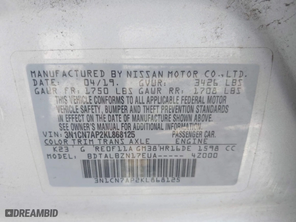 2019 Nissan Versa Sedan SV with VIN 3N1CN7AP2KL868125, listed as a IAAI auction lot 41966806 with 73,481 mi miles. Bid and sale history available at carsss.com. Image 9.