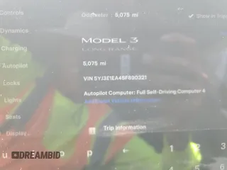 2025 Tesla Model 3 Long Range with VIN 5YJ3E1EA4SF890321, listed as a Copart auction lot 51505955 with 5,075 mi miles and Salvage title. Bid and sale history available at DreamBid. Image 9.