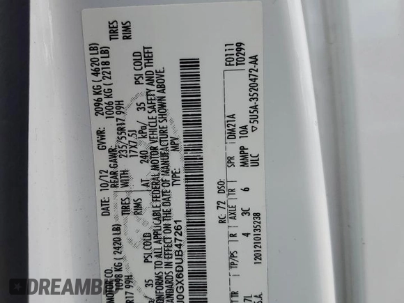 2013 Ford Escape SE с VIN 1FMCU0GX6DUB47261, выставлен на аукционе Copart как лот 59747645 с пробегом 203 934 миль миль и Чистый • Clean title. История ставок и продаж доступна на DreamBid. Изображение 13.