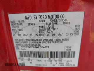 2010 Ford F-150 XL with VIN 1FTEW1E81AFB34071, listed as a IAAI auction lot 41928875 with 202,665 mi miles and . Bid and sale history available at DreamBid. Image 9.