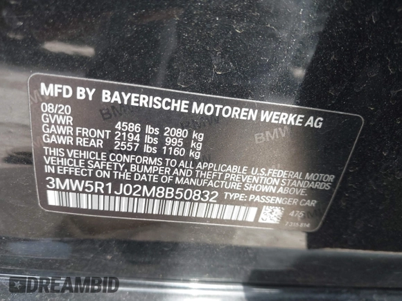 2021 BMW 3 Series 330i with VIN 3MW5R1J02M8B50832, listed as a IAAI auction lot 42032570 with 70,534 mi miles and . Bid and sale history available at DreamBid. Image 9.