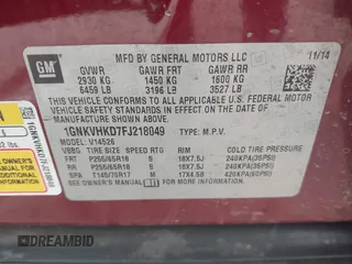 2015 Chevrolet Traverse LT with VIN 1GNKVHKD7FJ218049, listed as a IAAI auction lot 41613665 with 135,434 mi miles and . Bid and sale history available at DreamBid. Image 9.