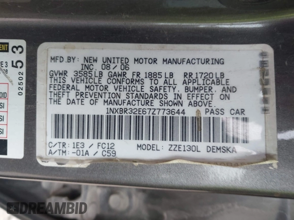 2007 Toyota Corolla CE with VIN 1NXBR32E67Z773644, listed as a IAAI auction lot 41983652 with 276,487 mi miles and . Bid and sale history available at DreamBid. Image 9.